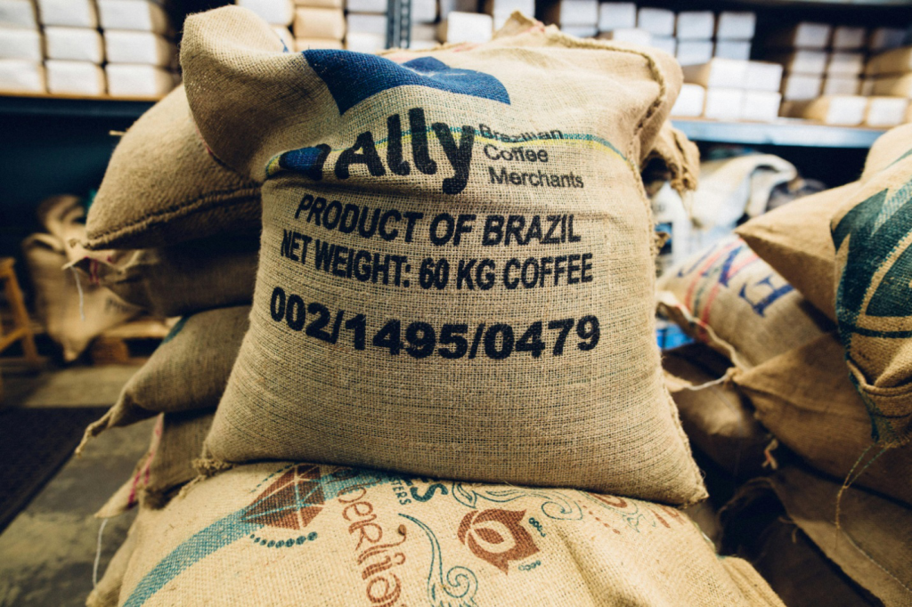 Sacks of coffee beans in a warehouse