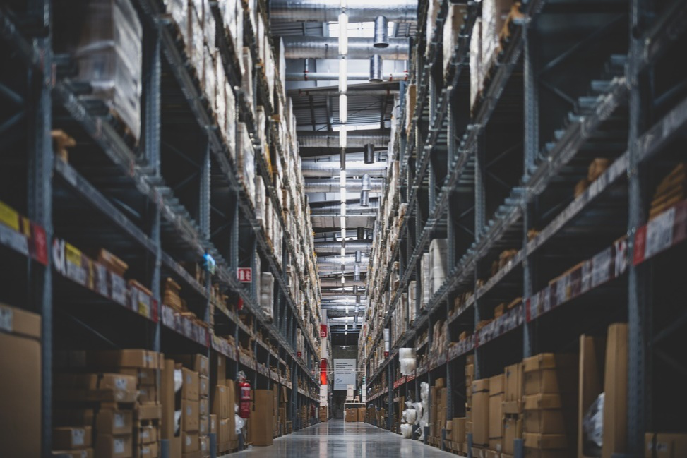 Goods on shelves inside a warehouse