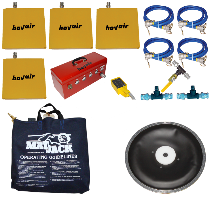 The Hovair Super Kit, featuring air casters, hoses, a control unit, a MatJack lifting bag, and all necessary fittings